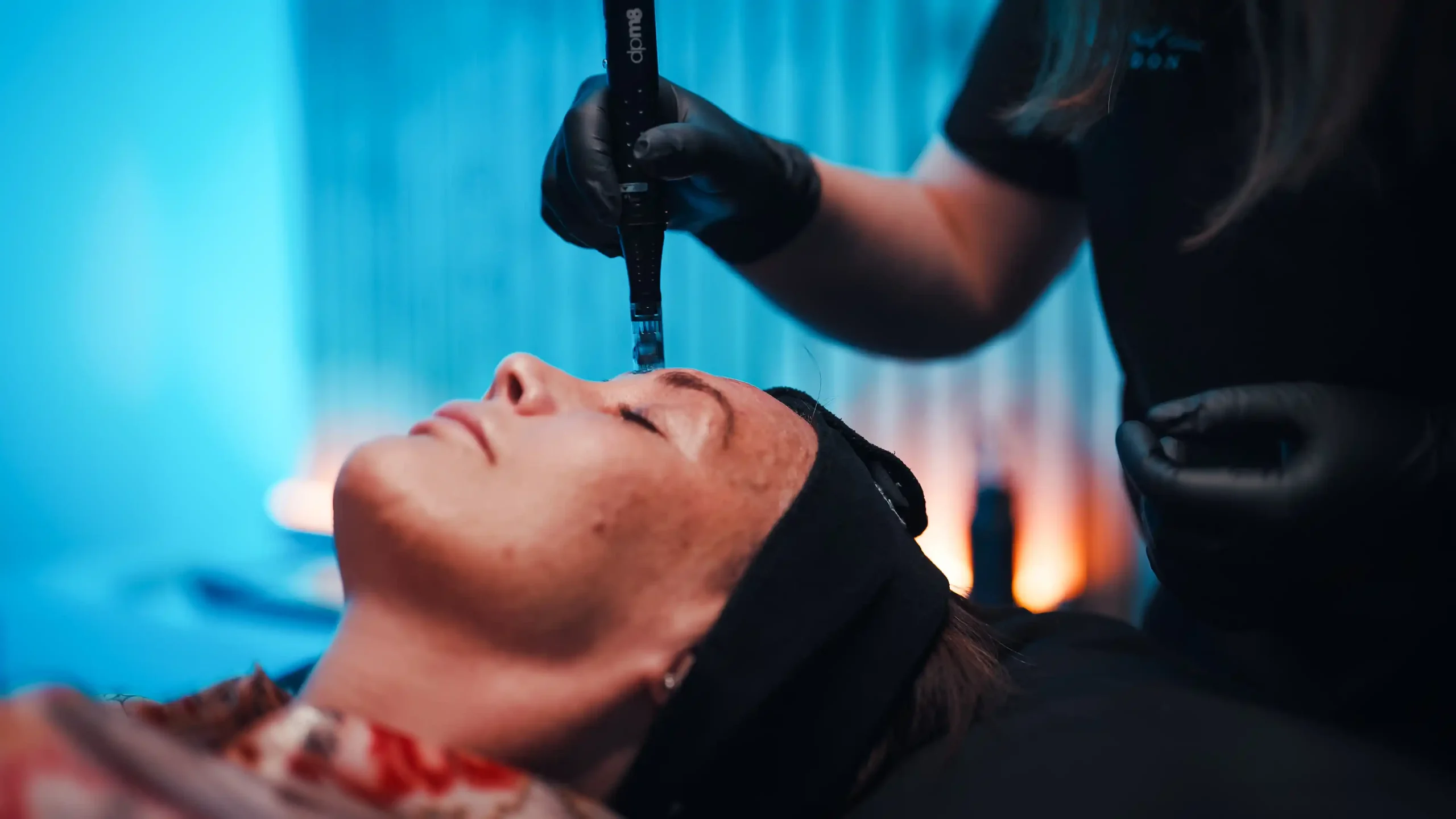 Professional microneedling treatment on patient cheek at Amer Clinic London