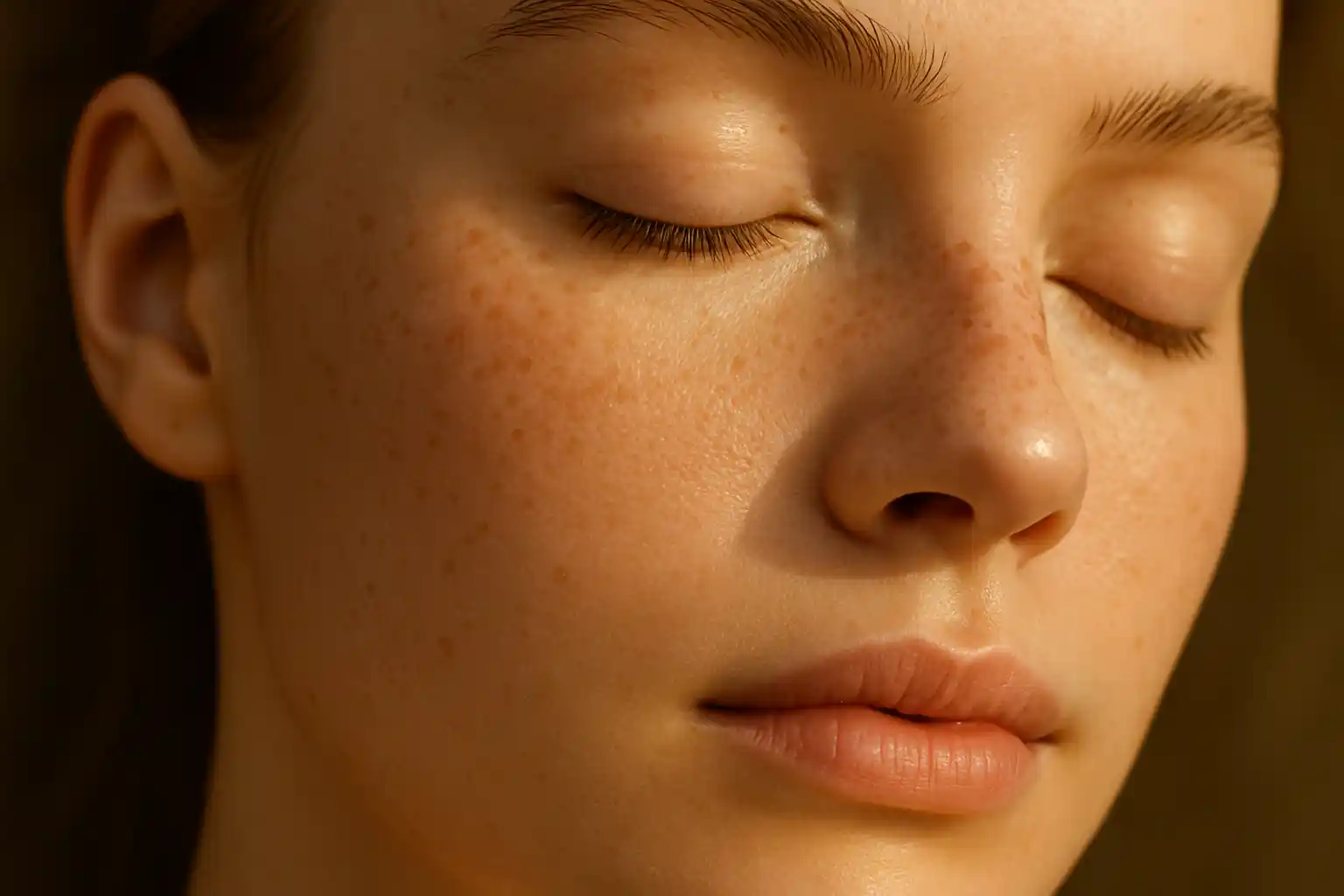 Close-up of a woman with closed eyes and natural, radiant skin showing subtle freckles and refined facial features