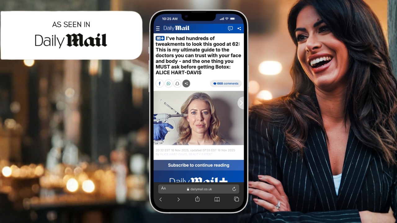 Dr Priya smiling beside a phone displaying a Daily Mail article about cosmetic treatments with a Botox-related headline.
