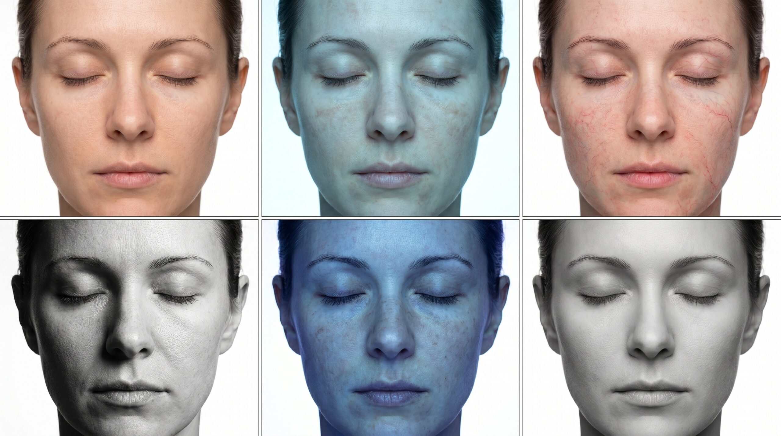 The same face shown under different clinical light modes used by the Observ 520x